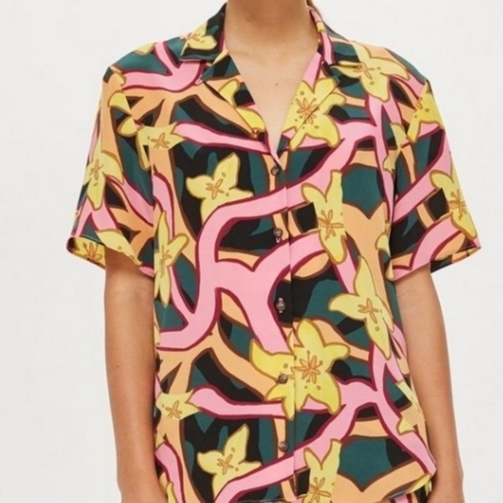 Topshop‎ boutique Karalina York design abstract floral pink silk Blouse size 4